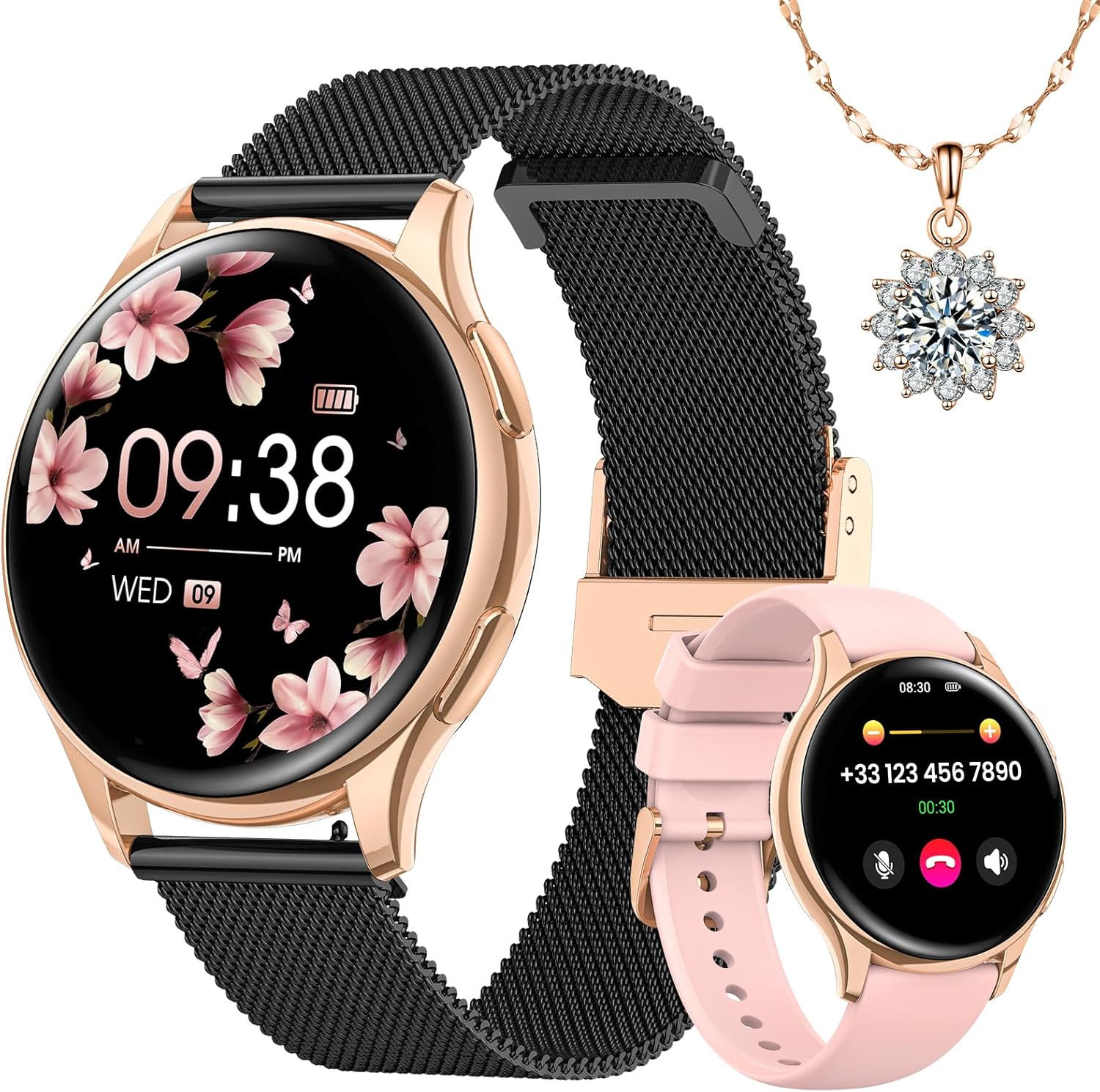 Sanorum Women's Smart Watch with Bluetooth Call 1.27 Inch Smartwatch with IP68 Female Function, 24H Heart Rate/24H SpO2/Sleep Tracking/120+Sports Modes Pedometer Android iOS Gold Black