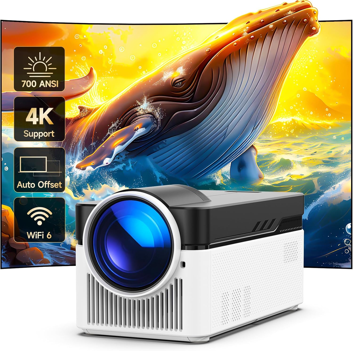 HY450 Android Projector 4K Projector, 700 ANSI Mini Automatic Projector Smart Overhead Projector with WiFi and Bluetooth, Short Throw Video Projector, 2+32GB Memory for Home