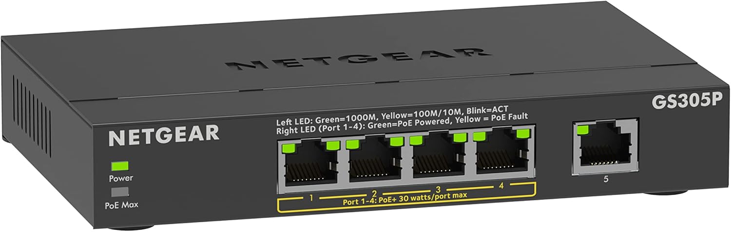 NETGEAR 5-Port Gigabit Ethernet PoE Switch (GS305PV3) - with 4 PoE+ to 63W, Desktop or Rackmount, Ultra Quiet