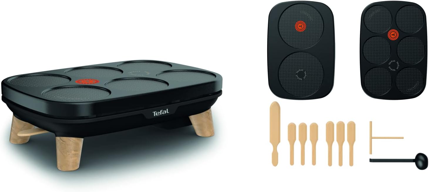 Tefal Electric Pancake Maker, 2 Removable Non-Stick Plates, Adjustable Temperature, Pancakes, Ladle, Dough Distributor, Spatulas, Made in France, Gourmet PY900812