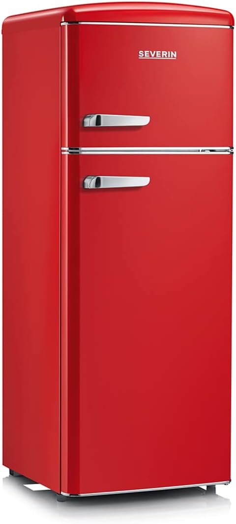 SEVERIN Refrigerator Freezer 2 doors, Freestanding, Width 55 cm, 206L, Class E, Veggibox included, Retro, Red, RKG 8930
