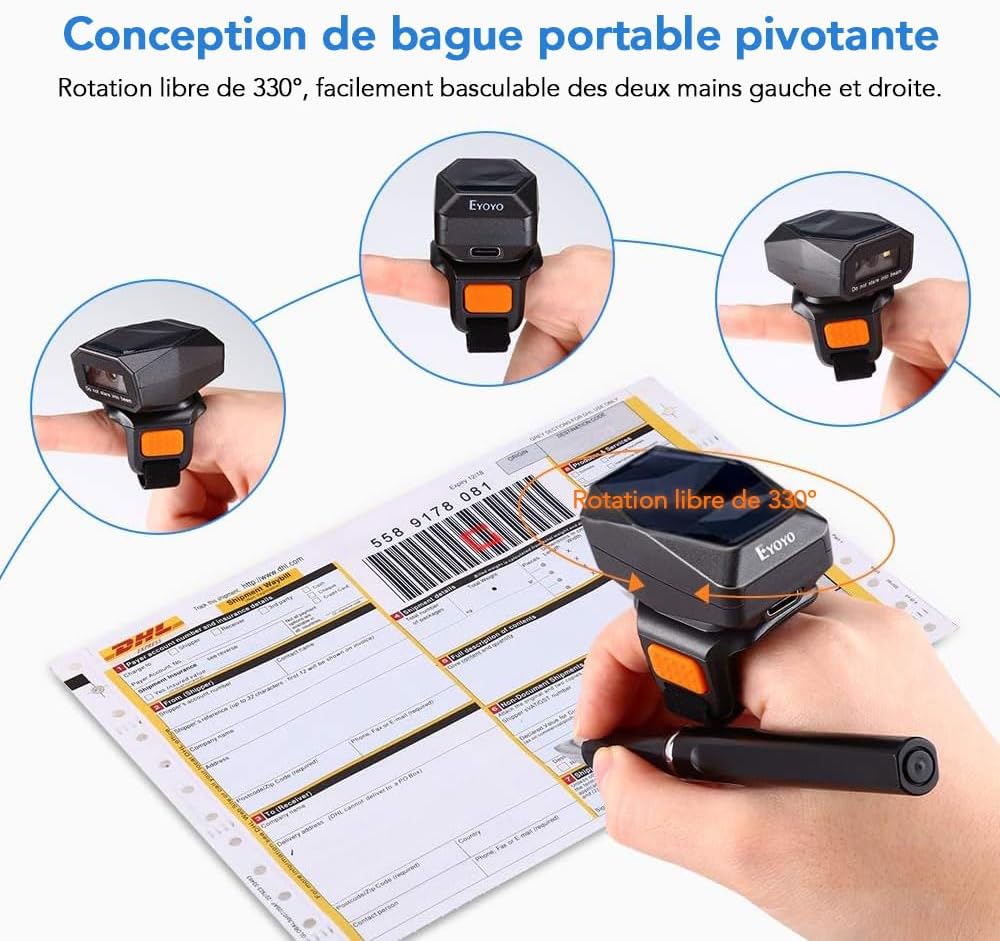 Eyoyo 2D Finger Ring Barcode Scanner, Mini Portable 3-in-1 USB Wired, 2.4G Wireless and Bluetooth, 1D Reader, QR, PDF417, Data Matrix for iPad, Smartphone, PC