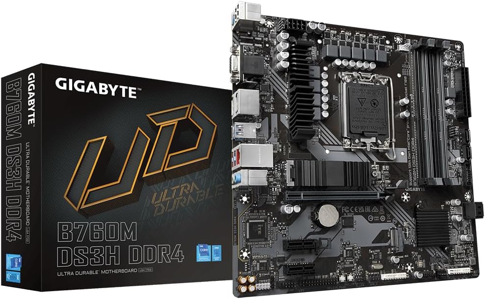 GIGABYTE B760M DS3H DDR4 Motherboard - Supports 14th Gen Intel Core Processors, 6+2+1 Phase Digital VRM, up to 5333MHz DDR4 (OC), 2xPCIe 4.0 M.2, LAN 2.5GbE, USB 3.2 Gen2