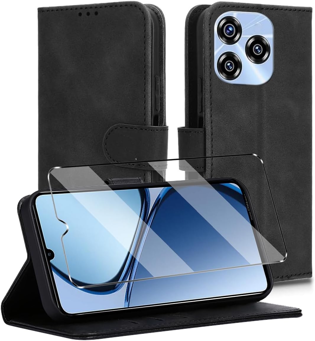 Case and Tempered Glass Compatible with OUKITEL C53 Shockproof Protective Case Cover [Premium PU Leather Cover] [Flip Case] [Wallet Pocket], Black