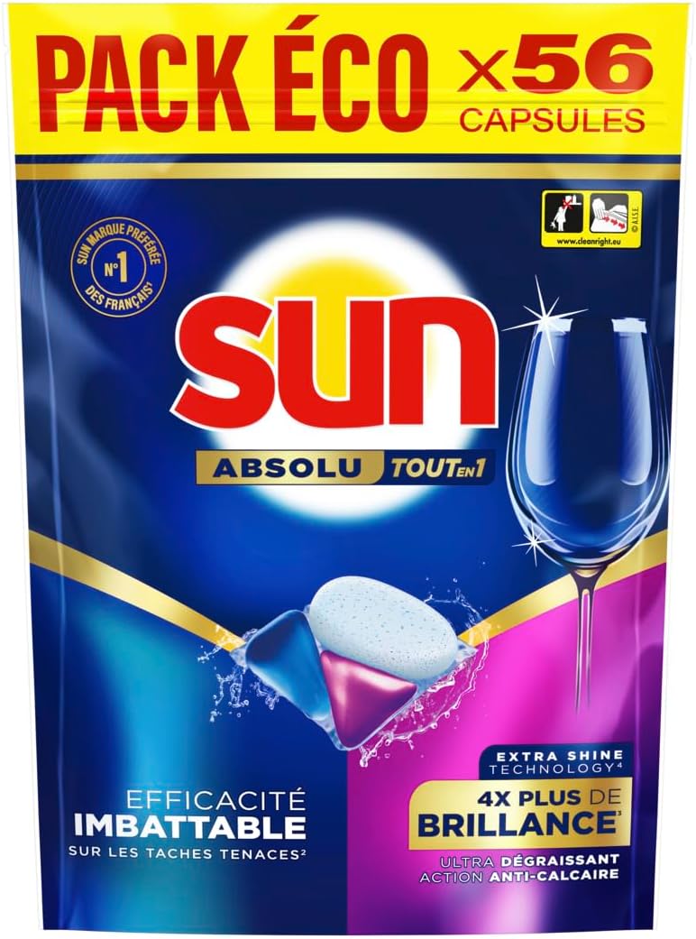 Sun Absolute All-in-1 Shine Dishwasher Tablets - 56 Capsules - Unbeatable on Tough Stains - 4x More Shine