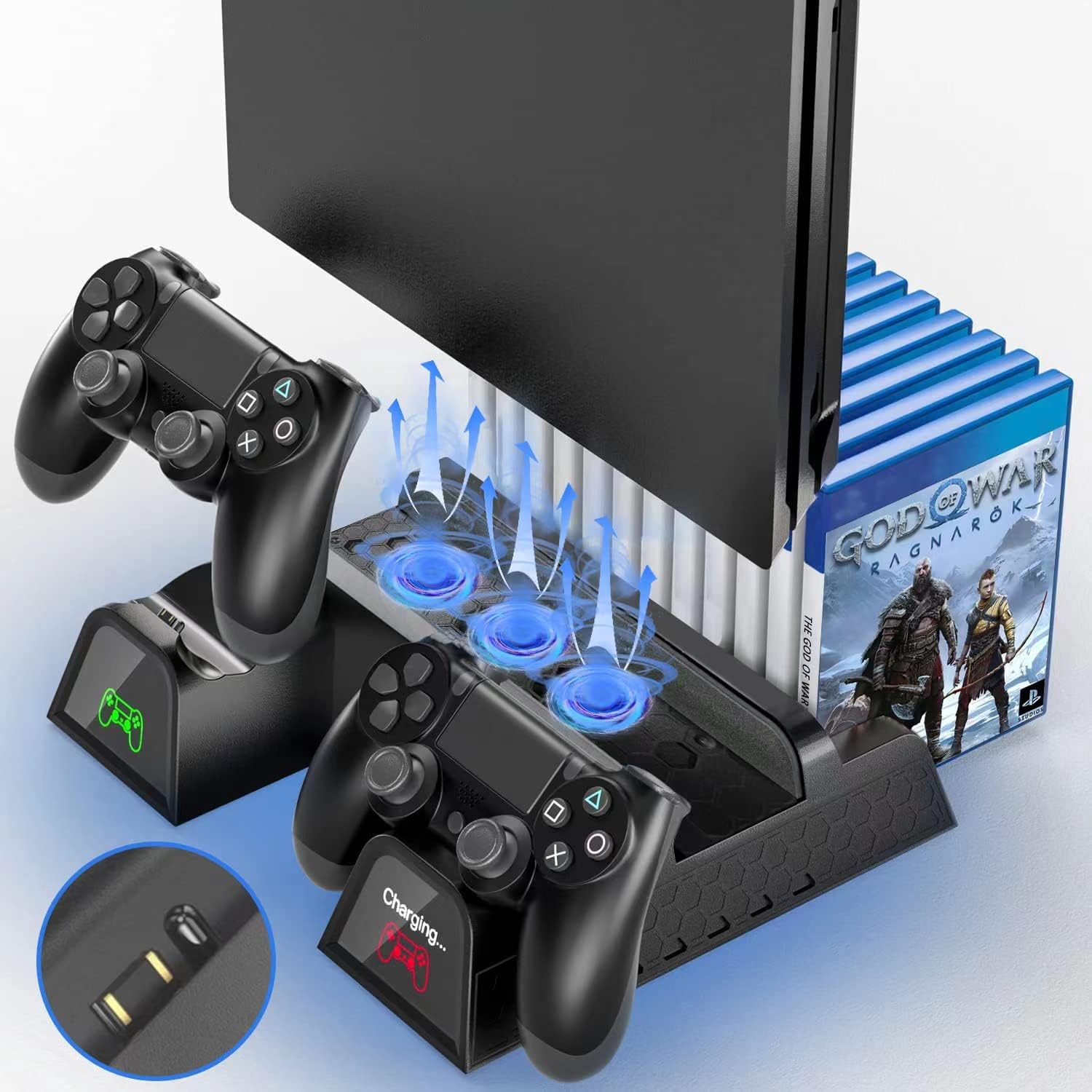 RIXOW Cooling for PS4 with Dual Console Playstation 4 Fans with Free Port Charger Dual Charging Station for Dual Shock - Black
