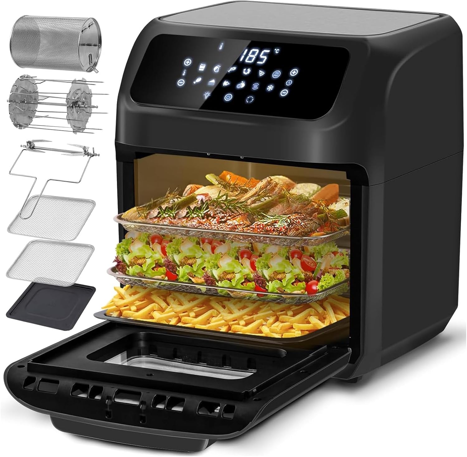 LLIVEKIT 12L Hot Air Fryer, Hot Air Fryer with 12 Functions, Mini Oven, 1800W, with Digital LED Display, Fruit Dehydrator, Barbecue, Recipe Booklet and 6 Kinds of Accessories