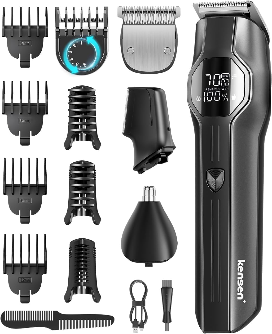 kensen Men's All-in-One Beard Trimmer Multi-Style 12 in 1 210 Mins Battery Life Trimmer Body Hair Nose Shaver Beard Waterproof IPX7 USB-C LED Screen for Head to Toe 6000/7000 RPM