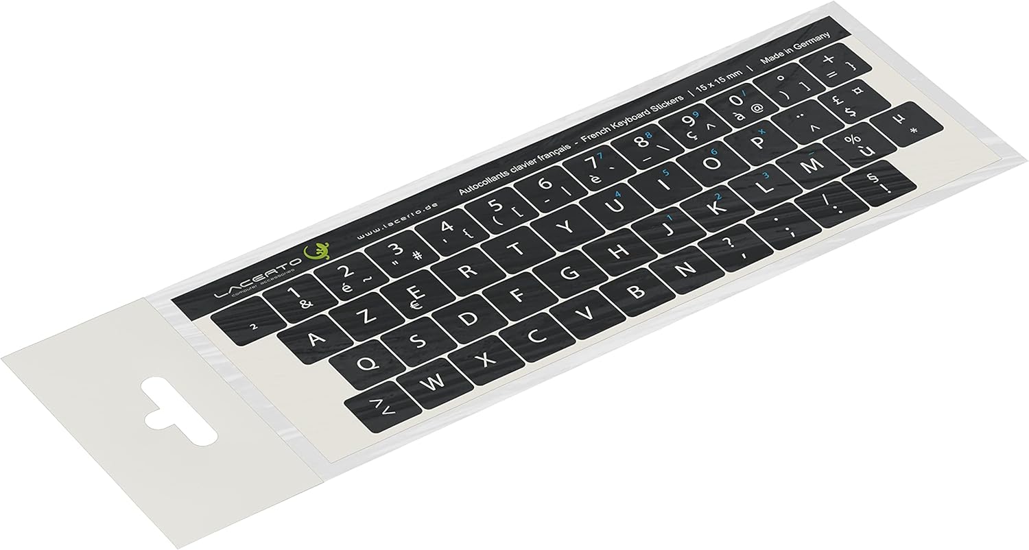 Lacerto® 15 x 15 mm French AZERTY Stickers for PC and Laptop Keyboards with Scratch Resistant Matte Laminate | French Keyboard Stickers | Colour: Black