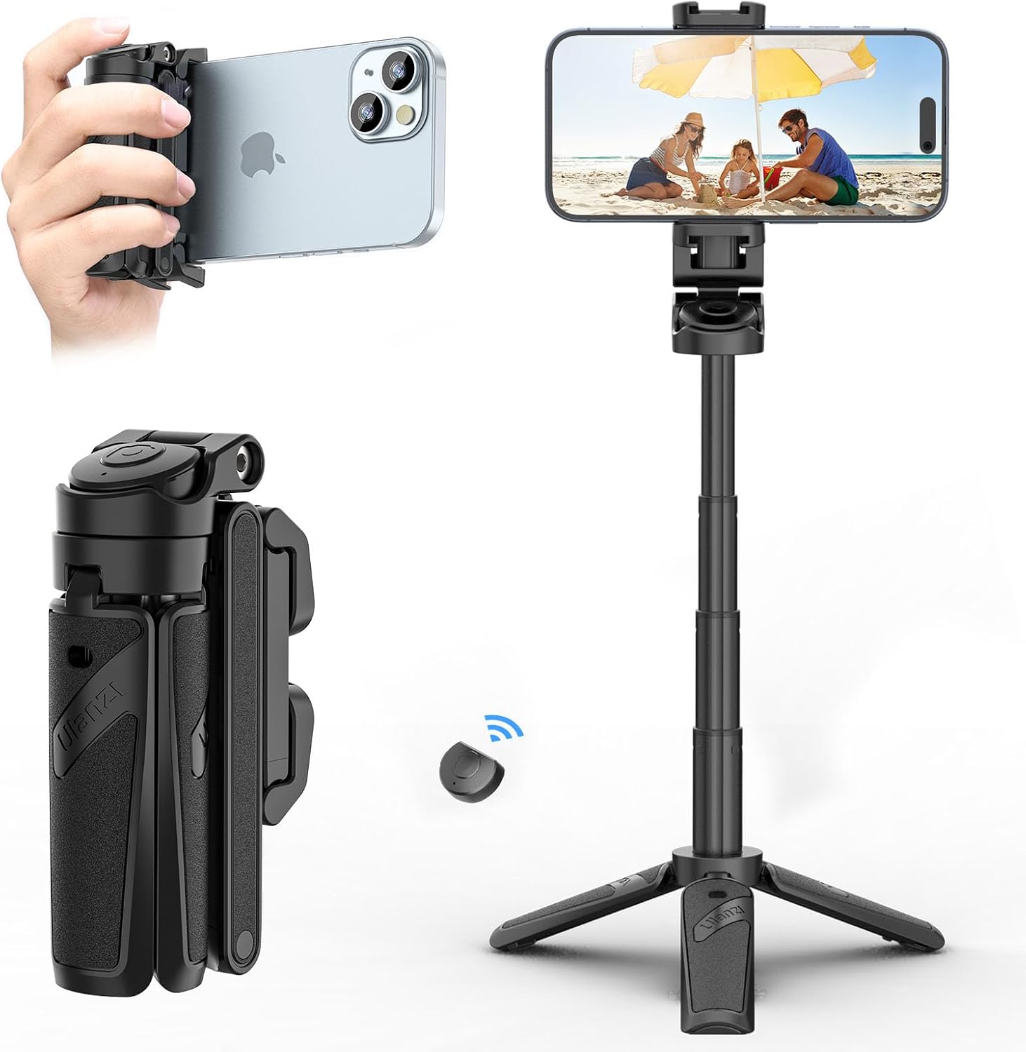 Ulanzi JJ02 Bluetooth Selfie Stick, 3 in 1 Mini Extendable Tripod Stand for Mobile Phone, Smartphone Capgrip with Remote Control, 2 Cold Shoe for iPhone/Samsung/Android Smartphone