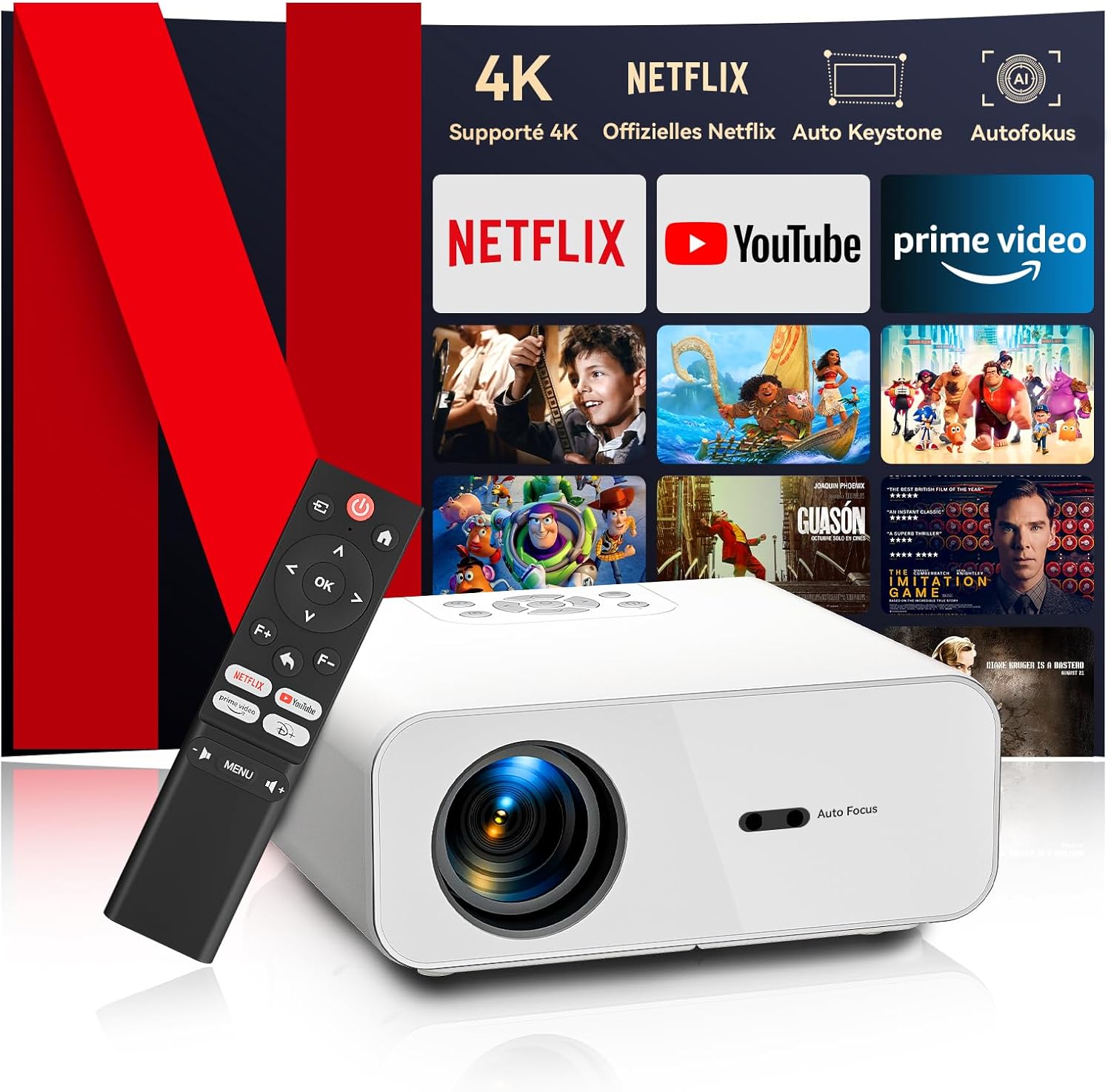 4K Video Projector 【Netflix Certified/Auto Focus】Auto Keystone Overhead Projector WiFi Bluetooth, 26000 Lumen Full HD 1080P Video Projector, Smart Projector One-Click Use Netflix/Youtube/D+