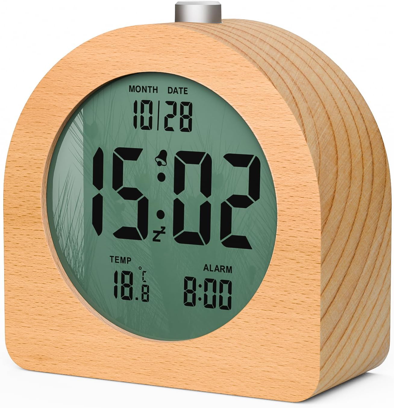 HOMVILLA Digital Wooden Alarm Clock Multi-Function LCD Digital Clock Non-Ticking with Snooze Function, Date and Temperature Display, Warm Backlight, 12/24H (Raw Wood)