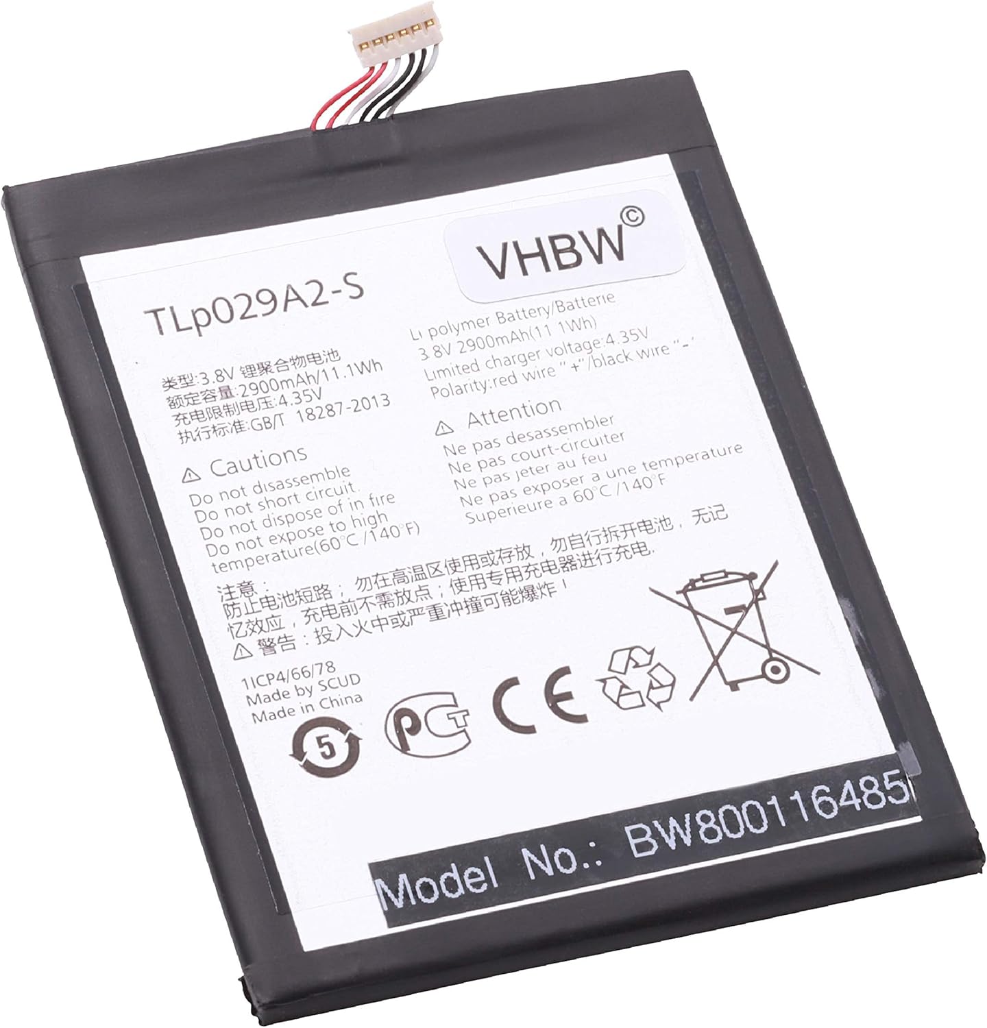 vhbw Li-Polymer Battery 2800mAh (3.8V) for Mobile Phone Alcatel One Touch Idol 3 5.5, OT-6045F, OT-6045K, OT-6045Y