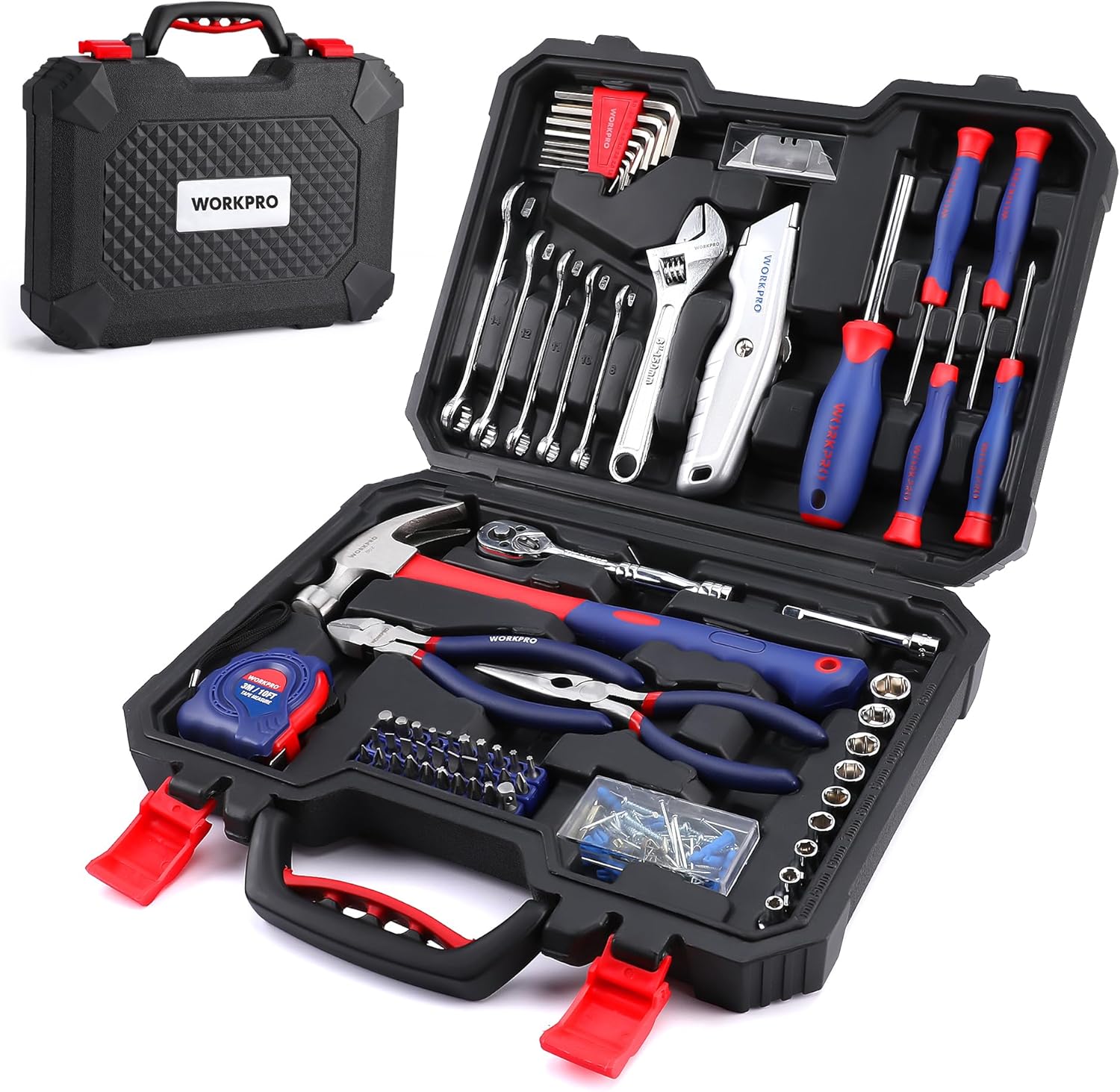 WORKPRO 160 Piece Home Tool Kit Portable Tool Case with Storage Box, Screwdriver, Pliers, Wrenches, Hammer, Knife, Ratchet Handle, Ideal for DIY, Maintenance