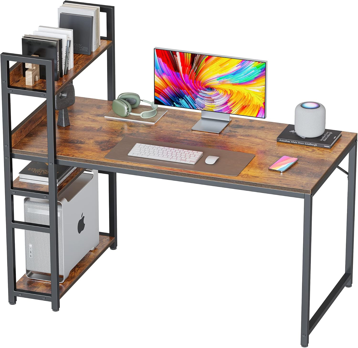 CubiCubi Computer Desk 120cm Computer Desk with Storage Shelves, Learning and Writing Desk, Home Office, Simple Modern Style, Brown