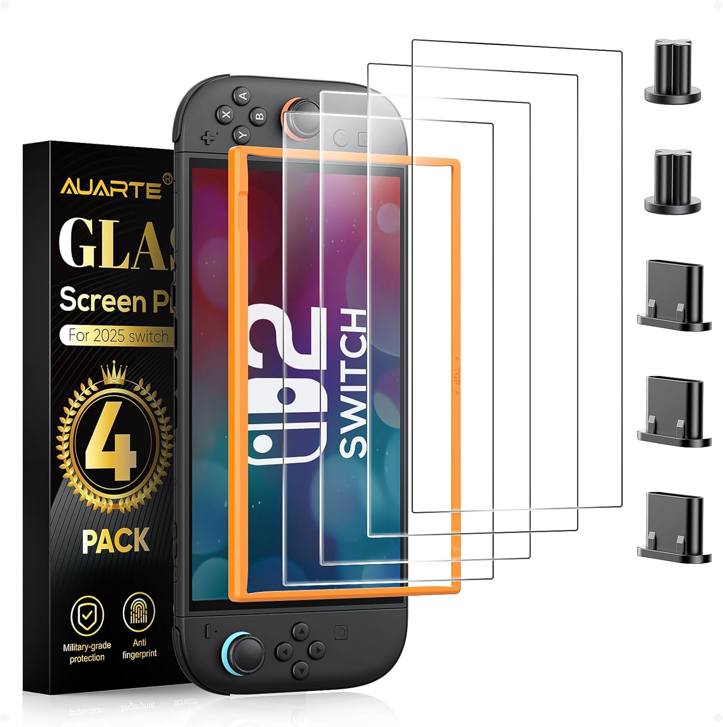 Auarte 4 Pieces Tempered Glass Screen Protector for Nintendo Switch 2 [7.9 Inch], Screen Protector with Free Installation Kit and 5 Dust Plug Accessories for Switch 2, 9H Hardness, Anti-Scratch, HD