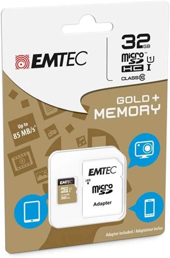 EMTEC ECMSDM32GHC10GP - MicroSD Card - Class 10 - Elite Gold Range - UHS-I U1 - With Performance Adapter - Read Speed up to 85MB/s -Black/Gold - 32 GB