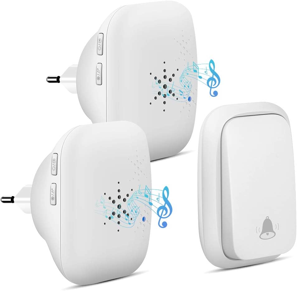 Wireless Doorbell, PDGROW Doorbell No Battery Required Wireless Door Chime with 2 Receivers, Waterproof Push Button 150m Range with 38 Chimes, 4 Level Volume and LED - White