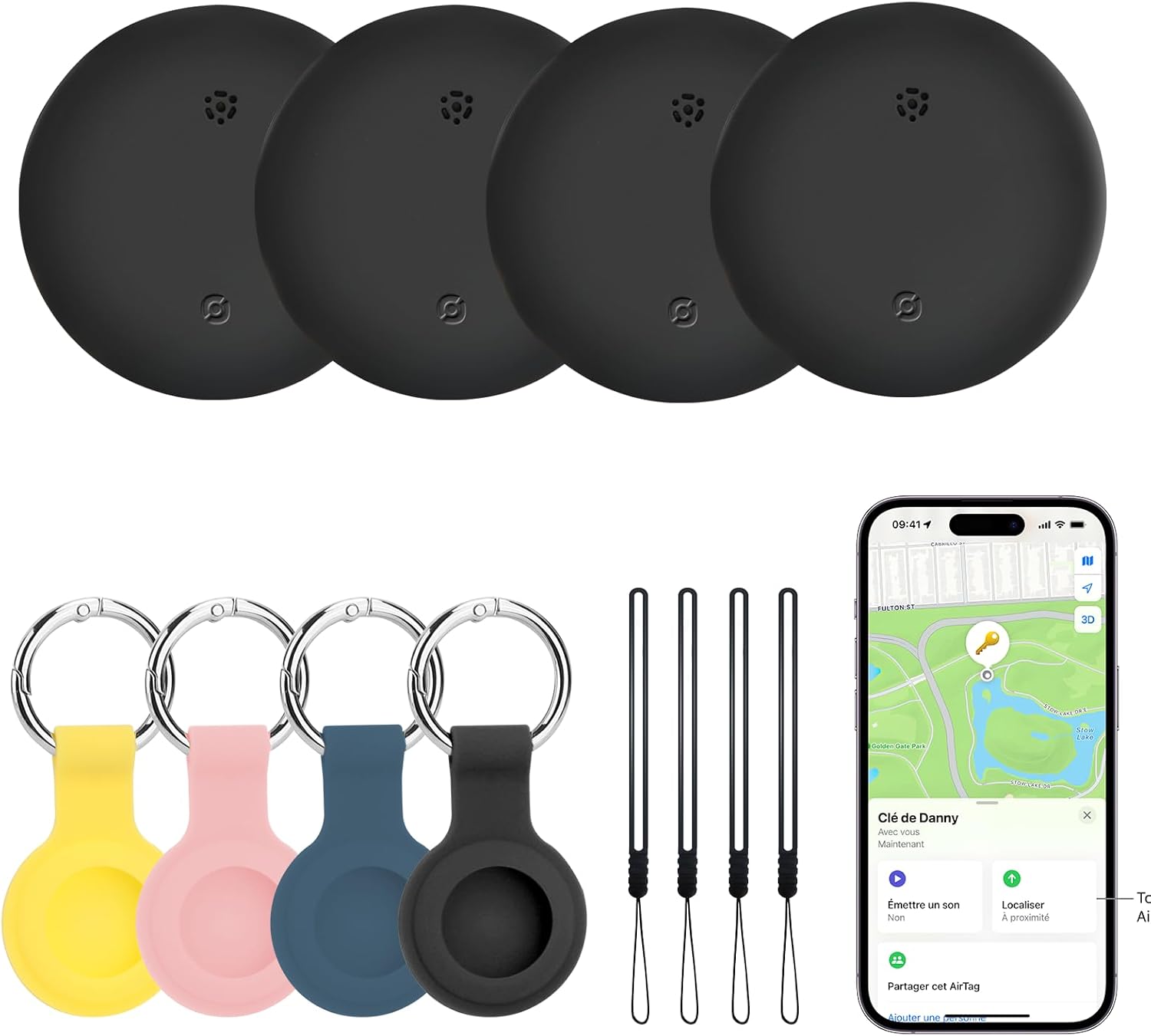 Pavlleen 4 Pack Smart Air Tag Tracker, Compatible with Apple Locate (iOS Only), Tracker with Protective Case/Keyring, for Keys, Luggage, Wallet, IP67 Waterproof, Replaceable Battery