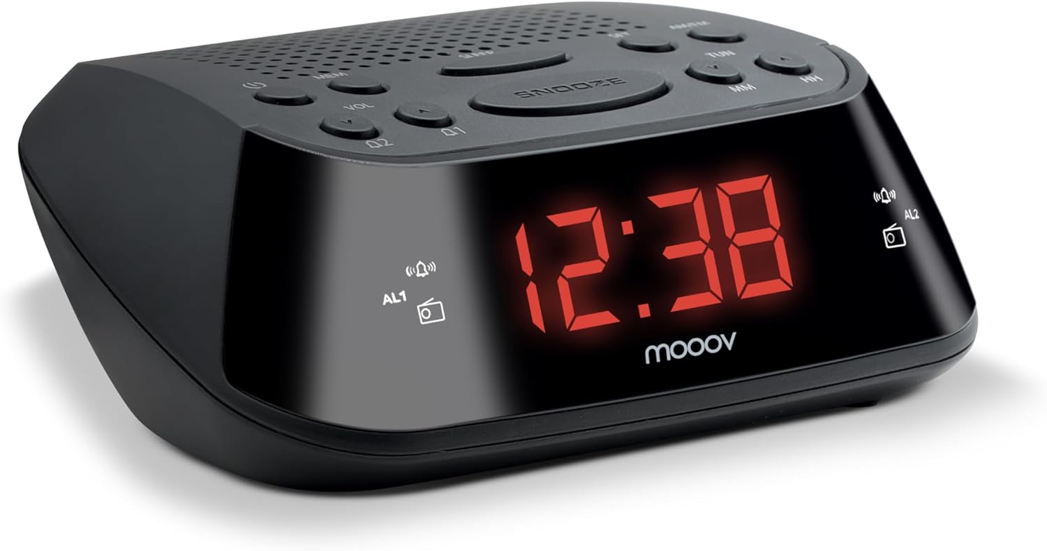 METRONIC 477003 Dual Alarm Clock FM Radio (Programmable FM Radio or Buzzer) with Red Display Simple to Use Mains Snooze Function – Black