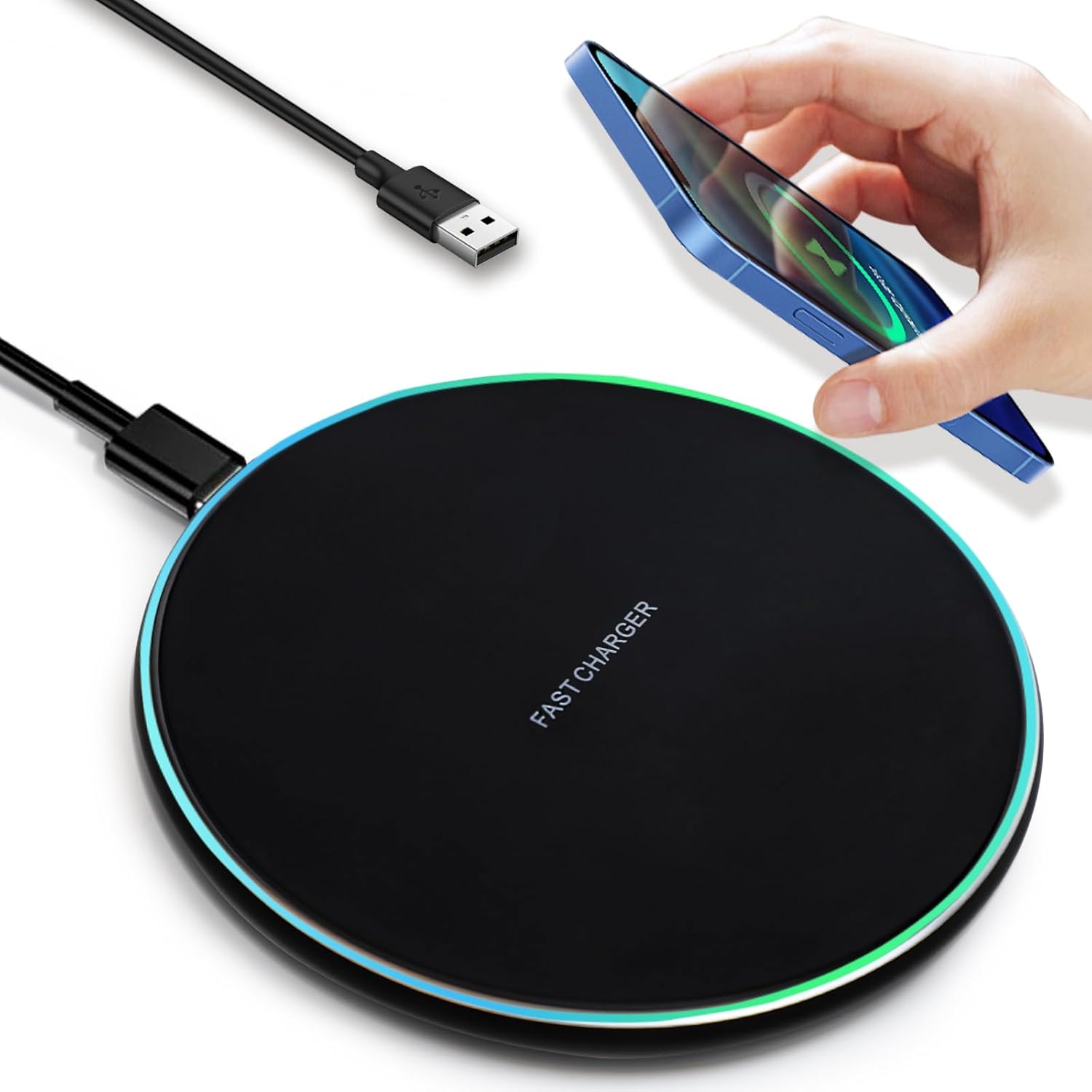 IOUGDSEC Wireless Charger with Indicator Light, Fast Wireless Charging Pad with USB-C Cable, Qi Certified 15W Max Compatible with iPhone 15/14/13/12/XS, Samsung Galaxy S24/S23 Huawei