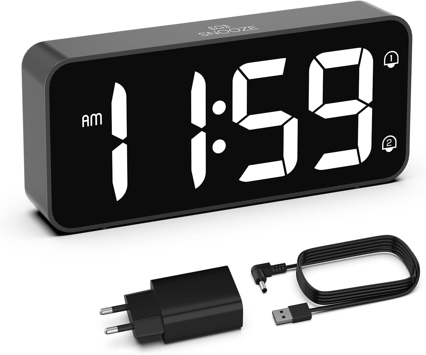 HOMVILLA Digital Alarm Clock with Large LED Display, 5-100% Brightness, 90-120 dB Volume, 2 Alarms, 12/24 H, Snooze Function, Mains Alarm Clock (Adapter Included) Black
