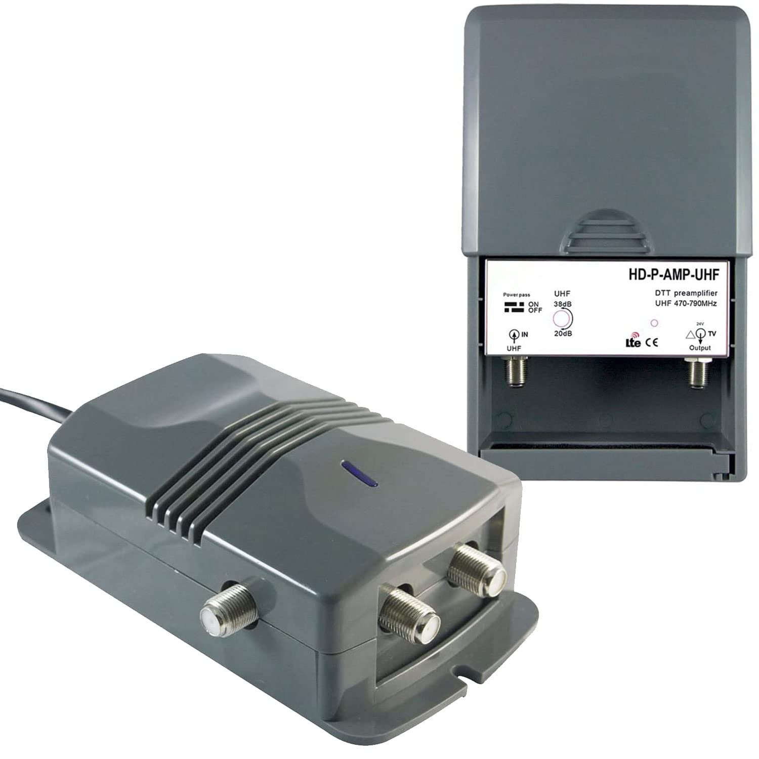 LEYF Amplifier + Power Supply 2 TV Outputs for Terrestrial Antenna TNT/HDTV Preamplifier Amplifier for TNT HD Signal/Adjustable Gain 15-38dB