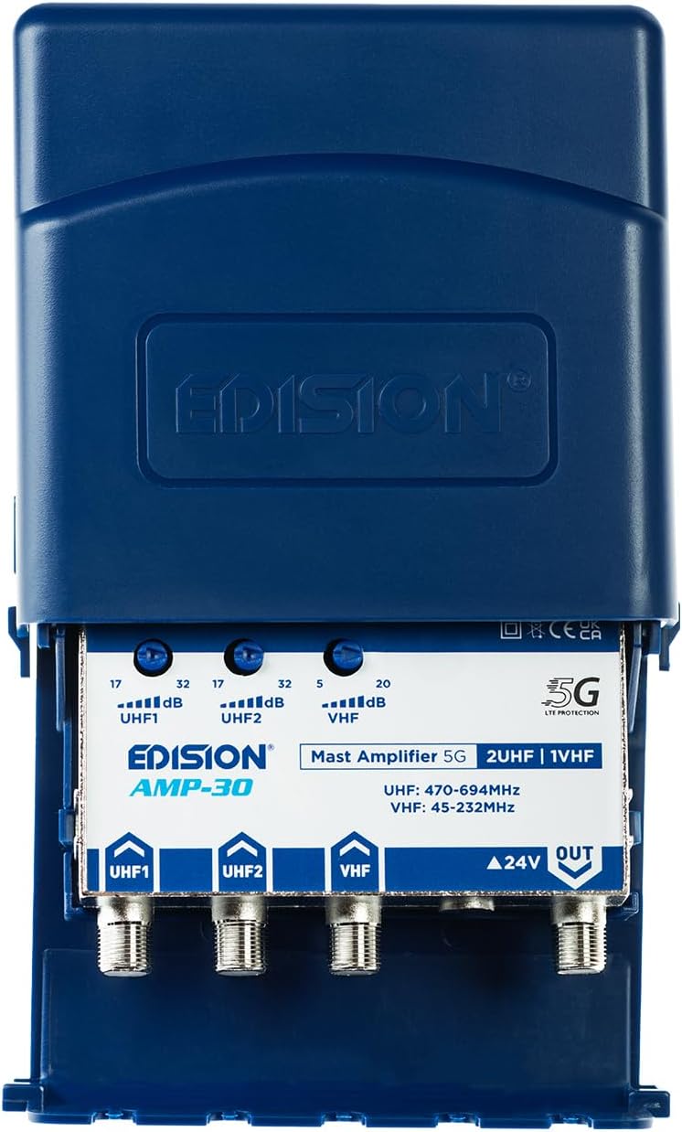 EDISION AMP-30 TV Antenna Mast Preamplifier TNT 2UHF, 1VHF/FM, 17-32dB Adjustable, 107dBmV, 24V, for Digital Terrestrial DVB-T/T2, UHF 470-694MHz, VHF/FM 45-232MHz, with 5G LTE Filter