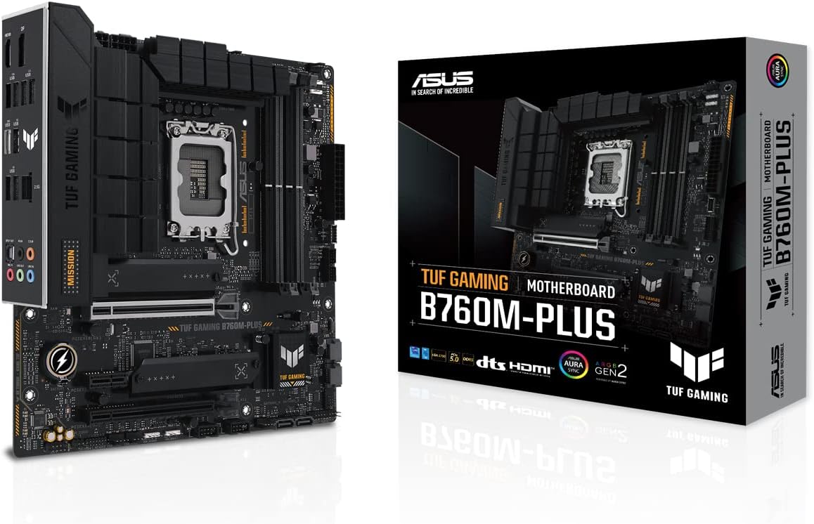 ASUS TUF GAMING B760M-PLUS Intel B760 LGA 1700 mATX Motherboard (DDR5, PCIe 5.0, 2x M.2, 2.5Gb Ethernet, DisplayPort, HDMI, SATA 6, USB 3.2 Gen 2 Type-C, Thunderbolt USB4, Aura Sync RGB)