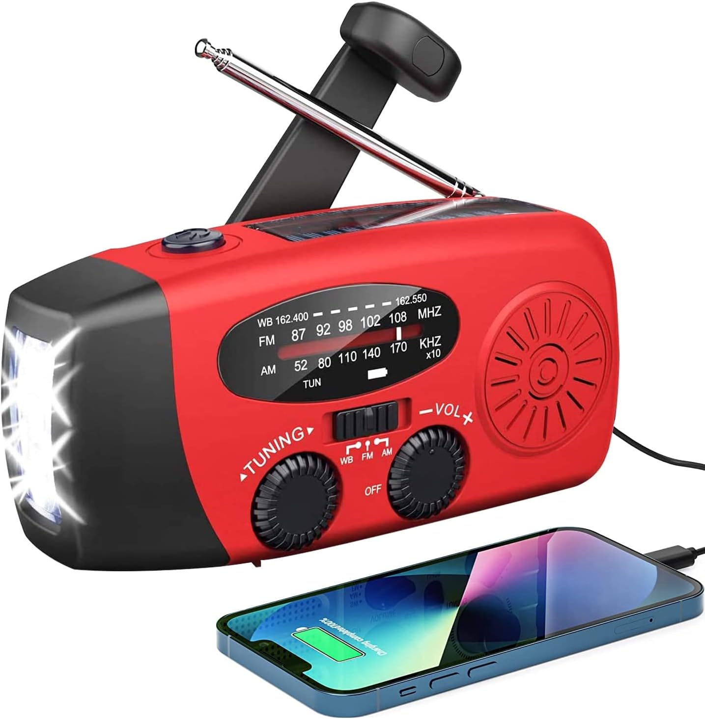 Emergency Solar Radio, Self-Powered Crank Radio with LED Flashlight, AM/FM/WB Weather with 2000mAh Rechargeable Battery for Smart Phone Emergency Charging