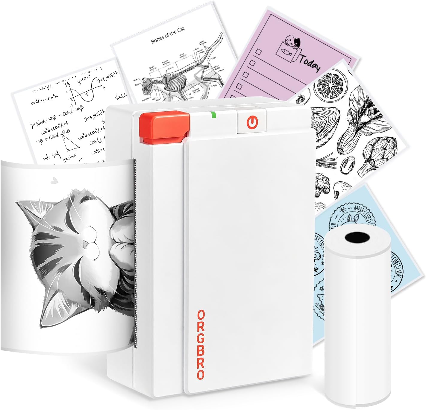 ORGBRO Mini Printer, X3 Thermal Bluetooth Printer Sticker, Portable with 1 Roll of Thermal Paper, 300DPI Small Printer for DIY Photos, Notes, Compatible with iOS Android, White