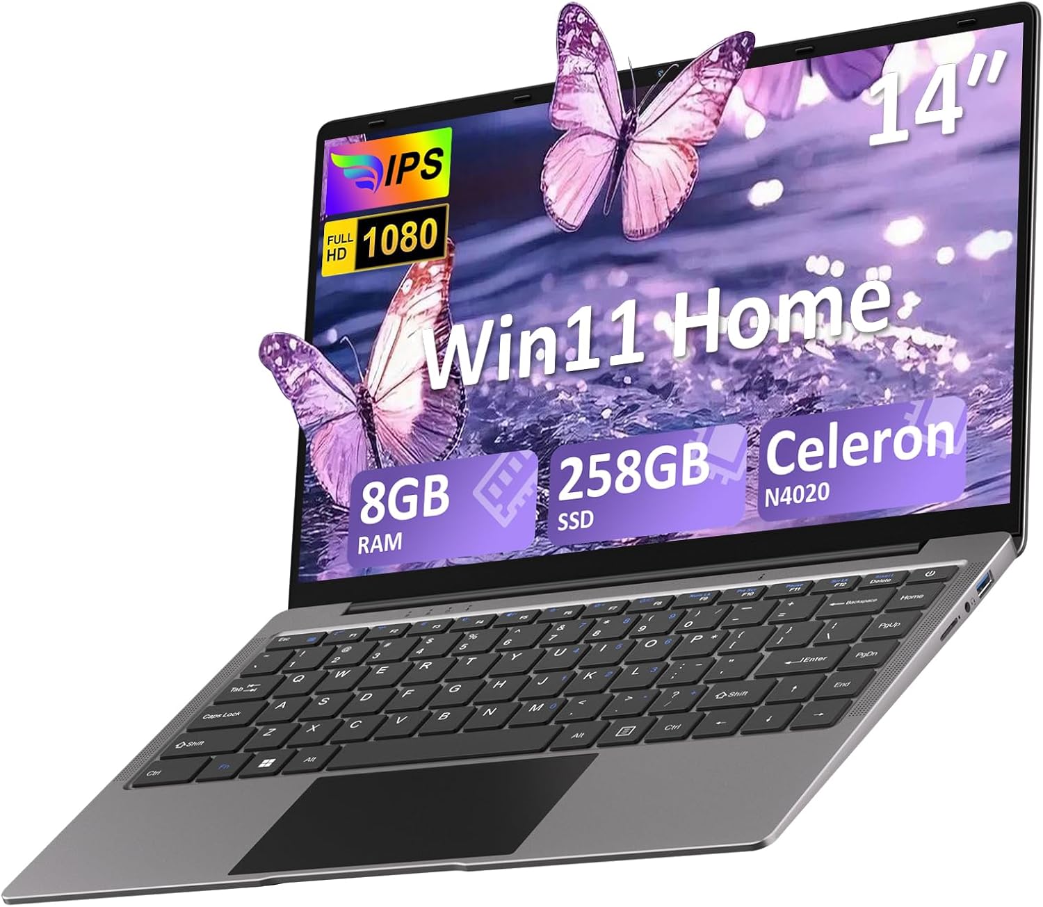 2025 Laptop 14 Inch N4020(up to 2.9GHz) 8GB DDR4 Win11 256GB SSD Extension 1TB 5G WiFi HDMl FHD Laptop with Wireless Mouse QWERTY Keyboard Membrane - Gray