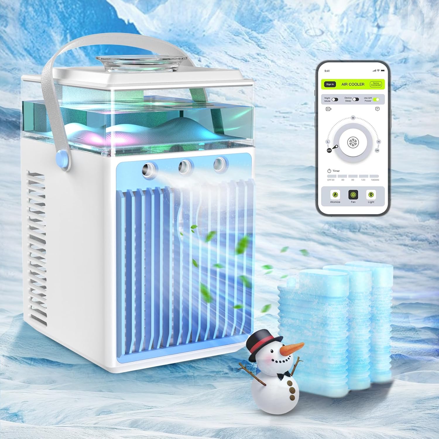 Portable Air Cooler, 4 in 1 Rechargeable Mini Portable Air Conditioner with 6 Ice Bins, Mobile Air Conditioner via App Control for Office, Tent, Bedroom