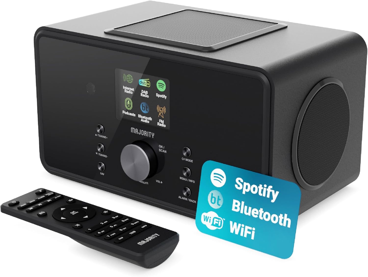 WiFi Internet Radio with Bluetooth | Dab Plus & FM Radio | 100W 2.1 Internal Subwoofer for Xtra Bass | Spotify Connect & Podcasts | Remote Control Included & OKTIV App Control | MAJORITY Bard