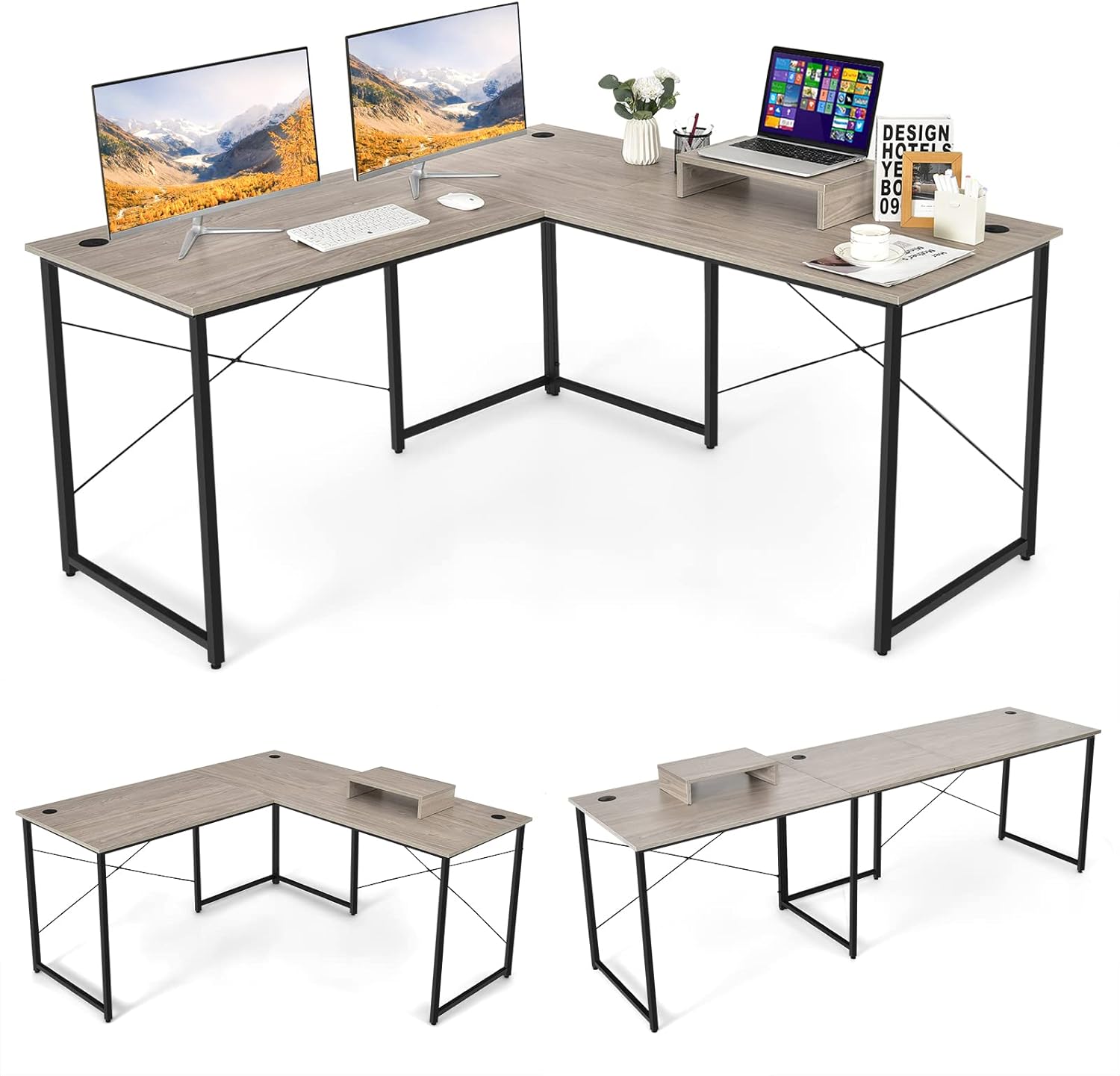 COSTWAY Reversible L-Shaped Corner Desk with Monitor Stand, Industrial Workstation for 2 Person with 3 Cable Holes, Easy Assembly, 150 x 150 x 74 cm (Grey)
