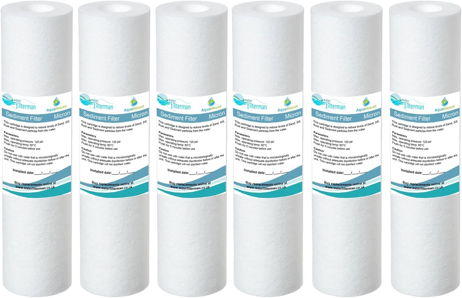 6 x AquaHouse 10" Sediment Water Filter Cartridge for Reverse Osmosis, Pole Fed Water and Particle Filtration, Fits 10" Standard Filter Housings - 5 Micron