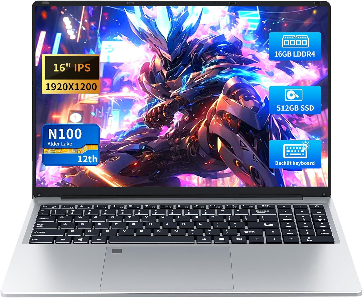 Laptop 16 Pulgadas, Laptop Celeron N100 Processor, Laptop 16GB LPDDR4 RAM 512GB SSD, 1920*1080 IPS FHD Screen, Backlit Keyboard, 6000mAh Battery, Mini-HDMI/USB3.0/BT5.0