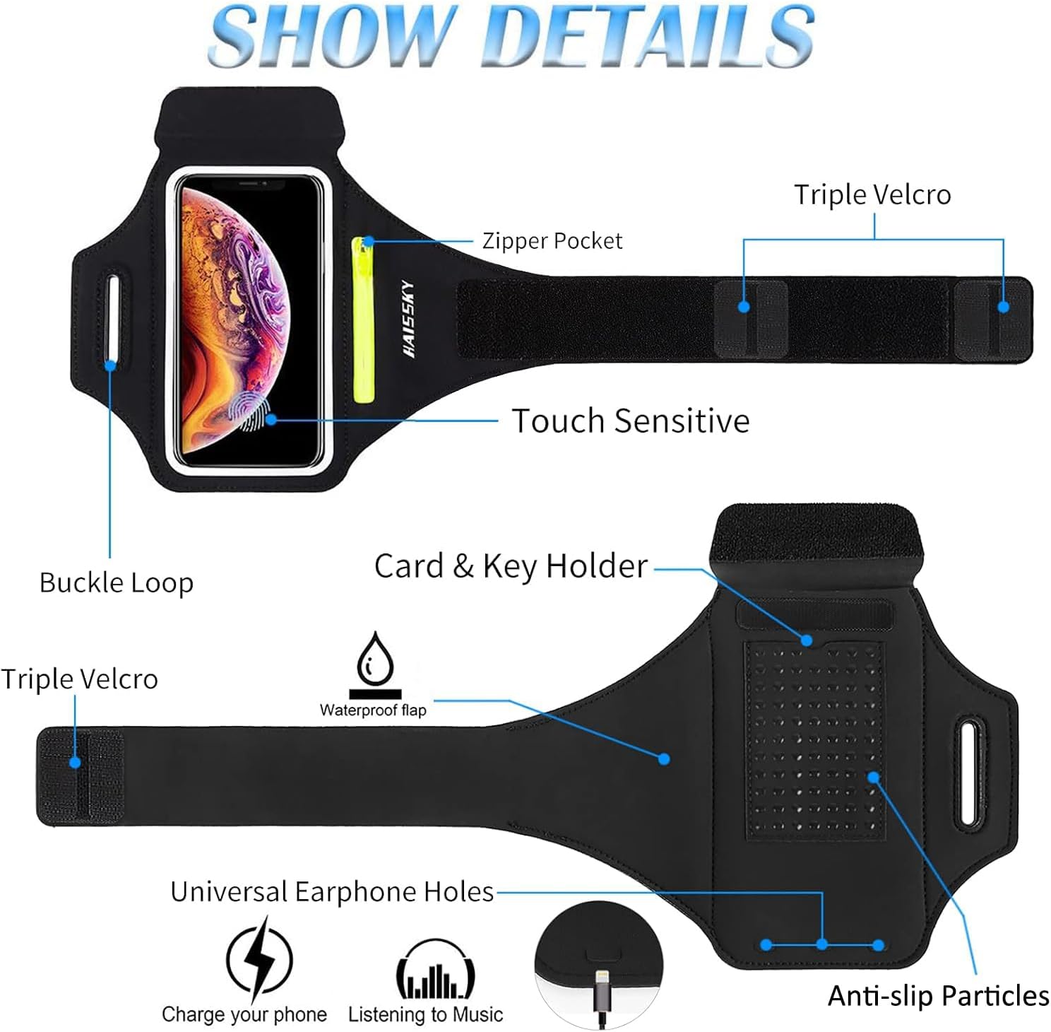 Universal Sports Armband with Pocket Earphone Running Armband for iPhone 16 15 14 13 12 11 Pro Max Samsung Galaxy Phone Holder Running for Jogging Cycling Hiking Armband
