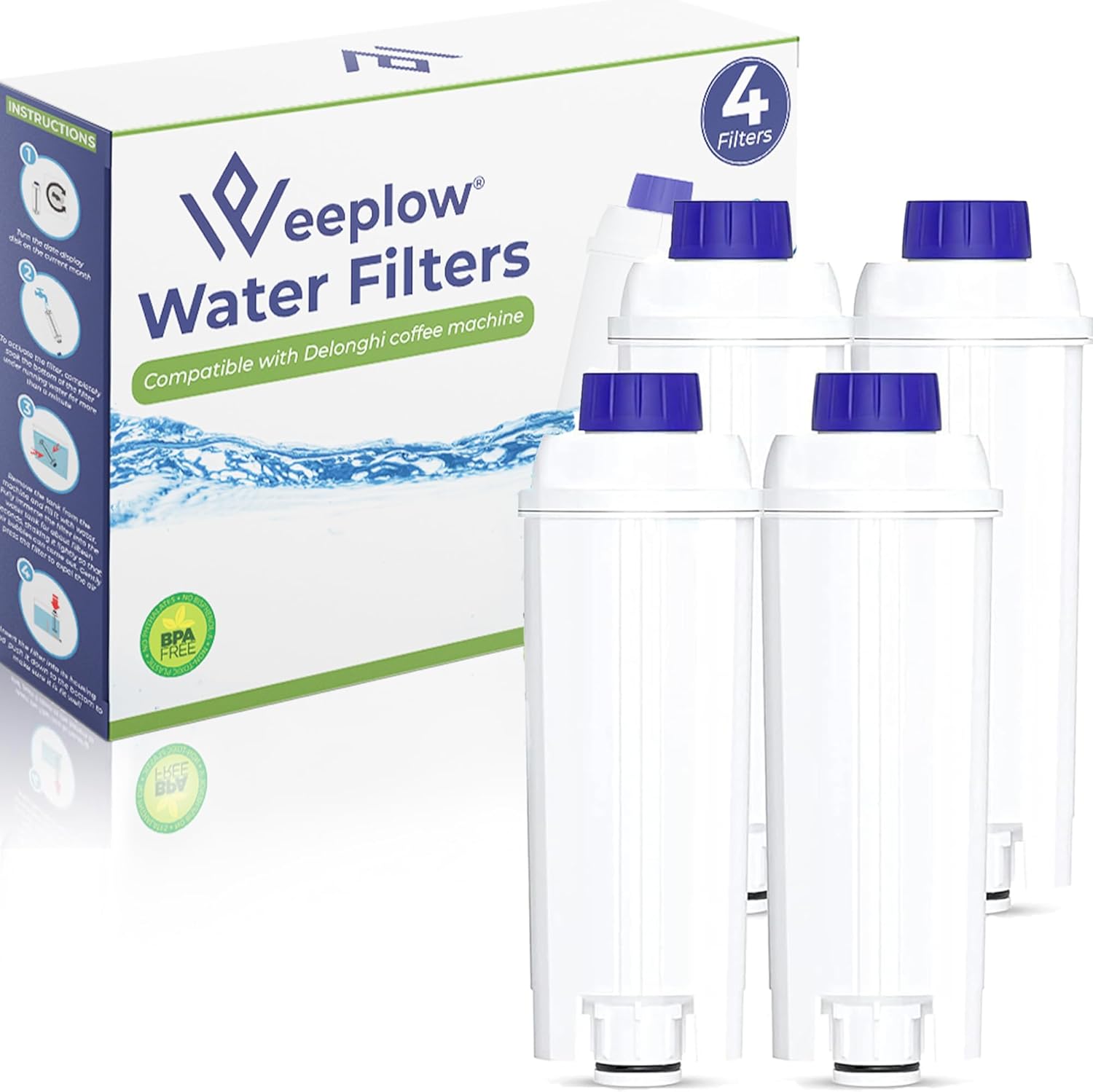WEEPLOW - 4 Water Filters Compatible with Delonghi Magnifica, Dinamica, Autentica, Primadonna and all Series ecam, esam, etam, bco & ec [SUPERIOR QUALITY]