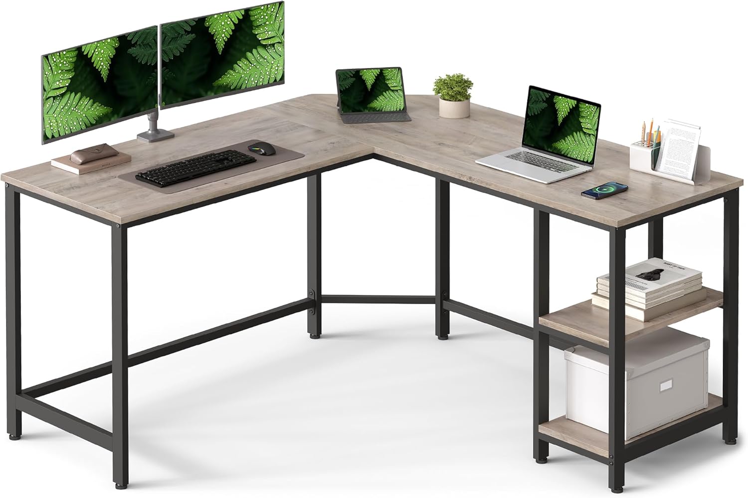 VASAGLE L-Shaped Computer Desk, 138 x 138 x 76 cm, Corner Desk with 2 Shelves, Space Saving, for Gaming, Greige and Ink Black LWD72MB
