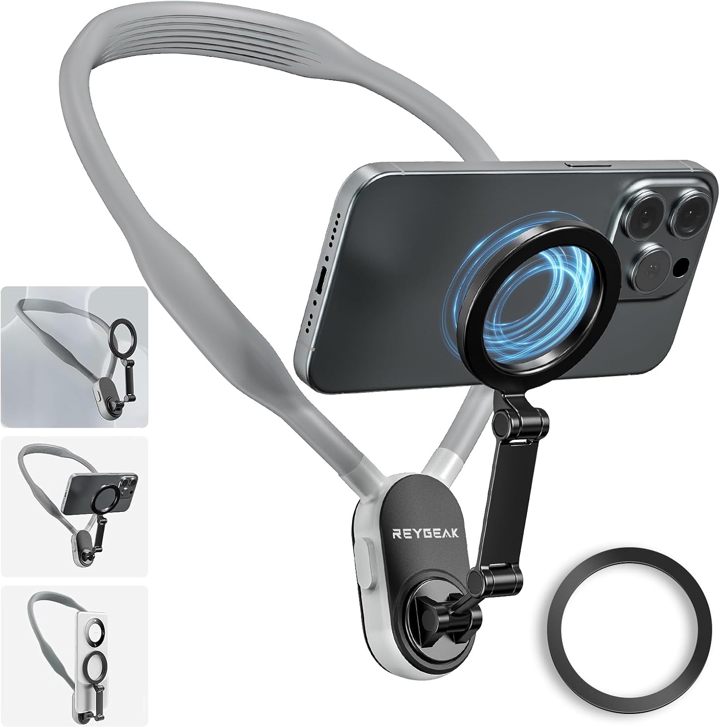 REYGEAK Magnetic Phone Holder, Stand for POV/Vlog Selfie Mount Hand Free Phone Neck Holder Chest Stand Strap Video Recording for iPhone 15 14 13 12 Android Phones