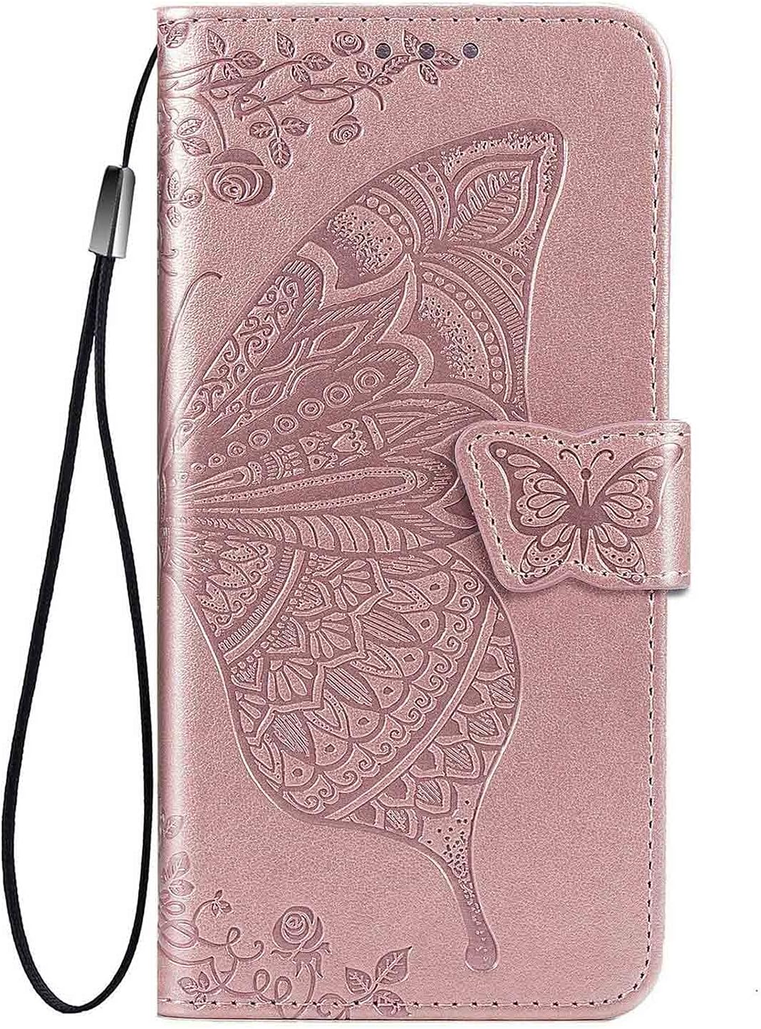 WBWONE Case for Samsung Galaxy A05s 4G Case, Embossing Butterfly Protection Shockproof TPU Premium PU Leather Case Cover with Wallet Card Slots, Rose Gold