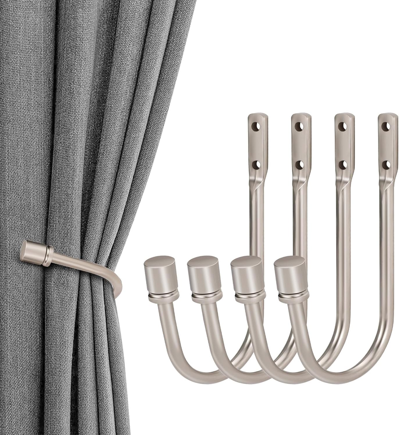 Chihutown 4 Pcs Curtain Tiebacks, Metal Wall Hook for Curtains, Decorative Curtain Clip Hook, Heavy Duty Metal Bracket for Window Curtain, Silver