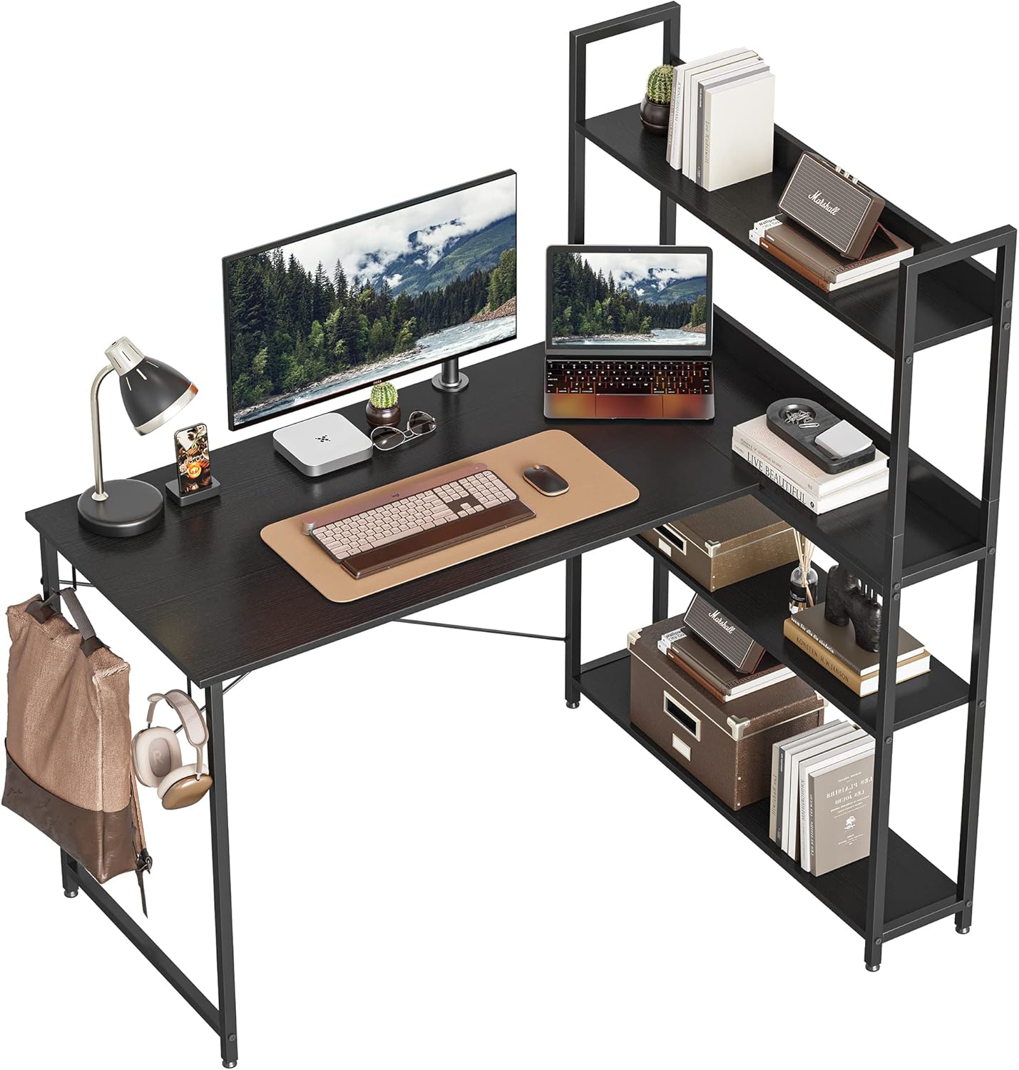 CubiCubi Computer Desk with Shelves, 120cm Small L-Shaped Corner Desk with Shelves, Black