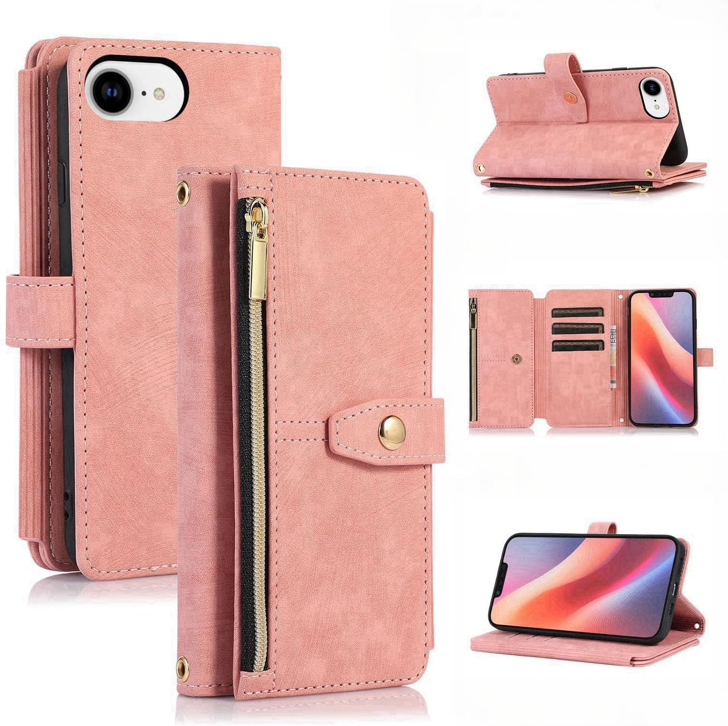 UEEBAI Case for iPhone 16e, PU Leather Wallet Retro Shockproof Case Cover with Card Slot, Kickstand, Magnetic Closure Flip Case for iPhone 16e 6.1 inch, Vintage Rose Gold