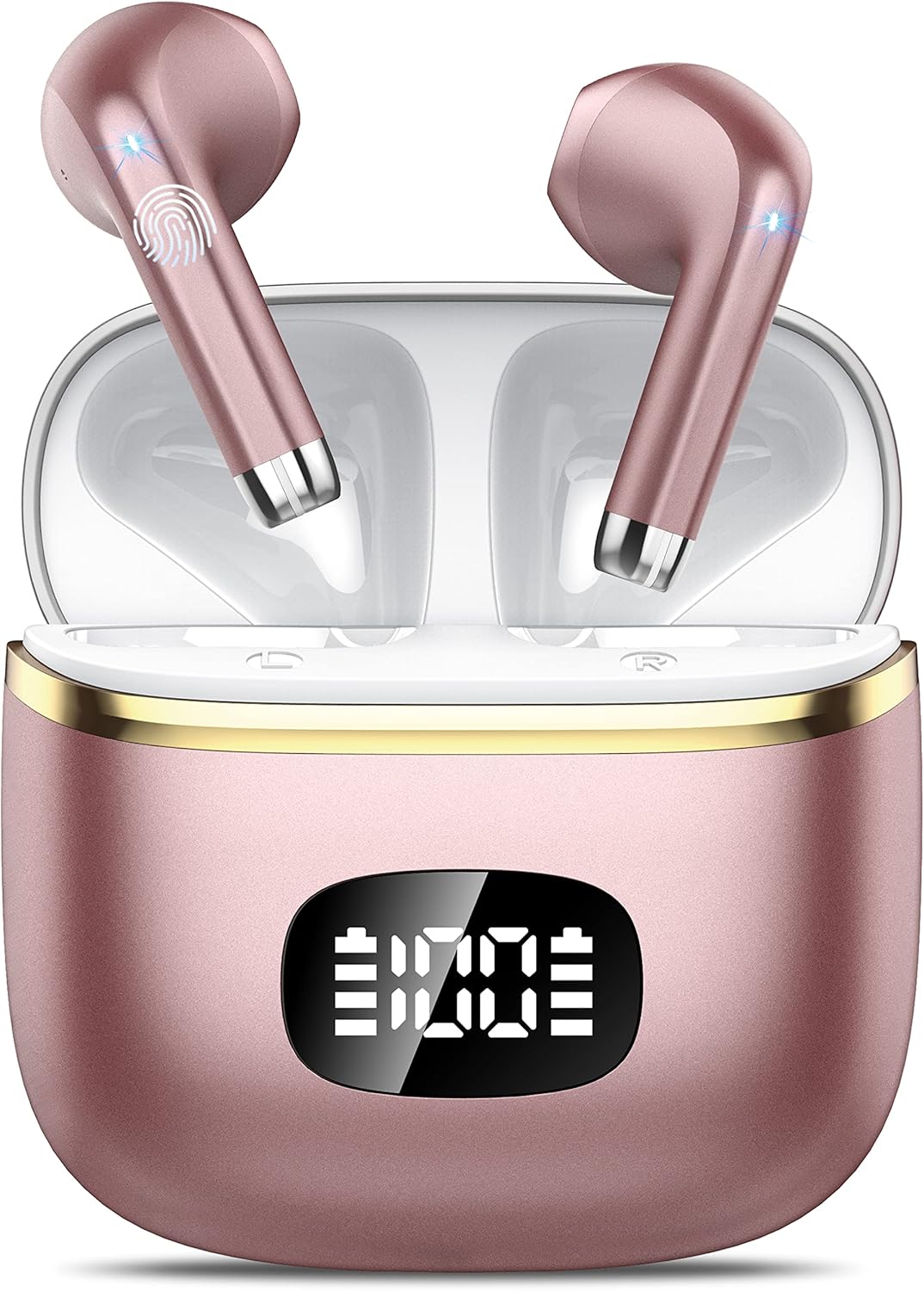 POMUIC 2023 Wireless Bluetooth Earphones, 5.3 ENC Reduction Headphones, 40 Hours Playtime LED Screen, Hi-Fi Stereo Sound, IP7 Waterproof, Touch Control Bluetooth Headset W23 Rose Gold