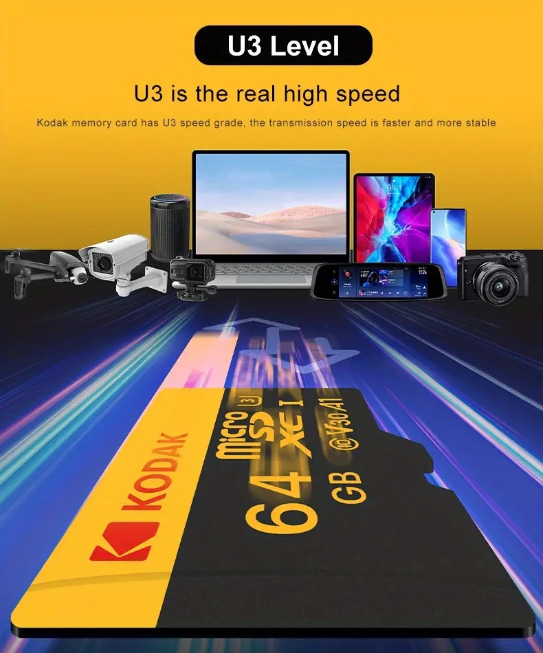 carte tf   avec une vitesse de jusquà 100 mb/s, classe 10 u3 uhs-i, adaptée à lutilisation 4k hd avec des adaptateurs   pour téléphones, haut-parleurs, caméras hd et appareils de jeu ! Détails du produit 2