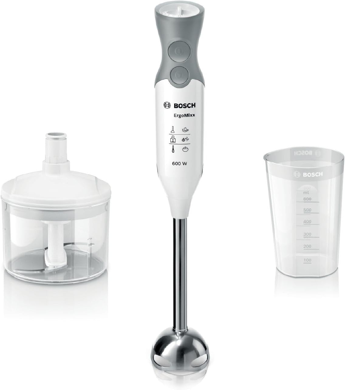 Bosch MSM66155 ErgoMixx Hand Blender - Hand Blender 600 W - 12 Speeds - Splash Proof System - Ergonomic Handle, White/Grey