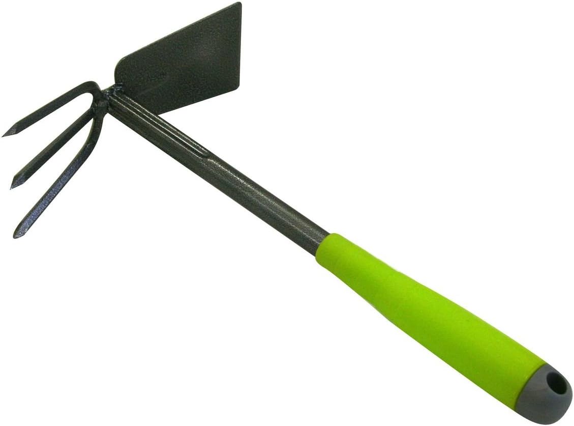 Xclou Hoe with Purlin and Fork 34 x 19 x 6 cm Hand Hoe for Gardening, Garden Weeder with 3 Claws, Multi-Function Garden Tool, Silver/Green