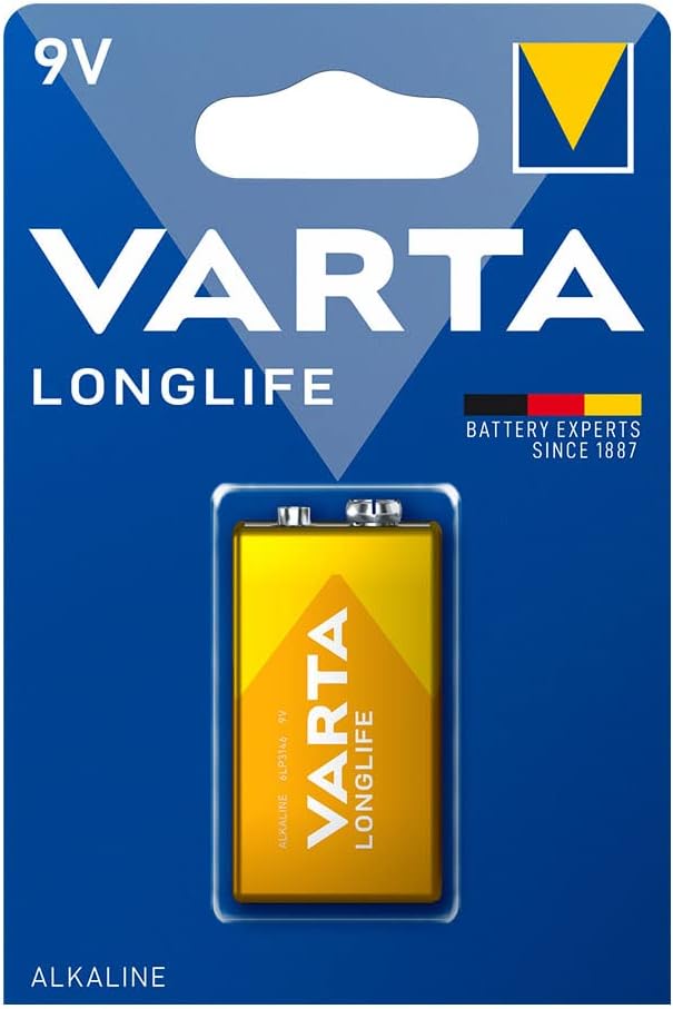 Longlife 9V 6LR61 Alkaline Battery, 26.5 x 17.5 x 48.5 mm, ideal for electronic devices and security equipment.
